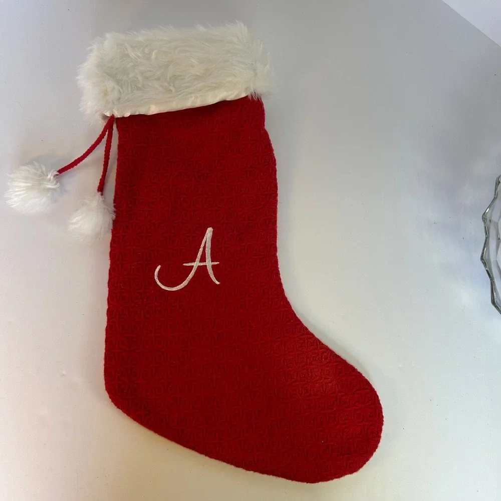 Red Waffle Knit Christmas Stocking‎ Embroidered Initial A Faux Fur Trim